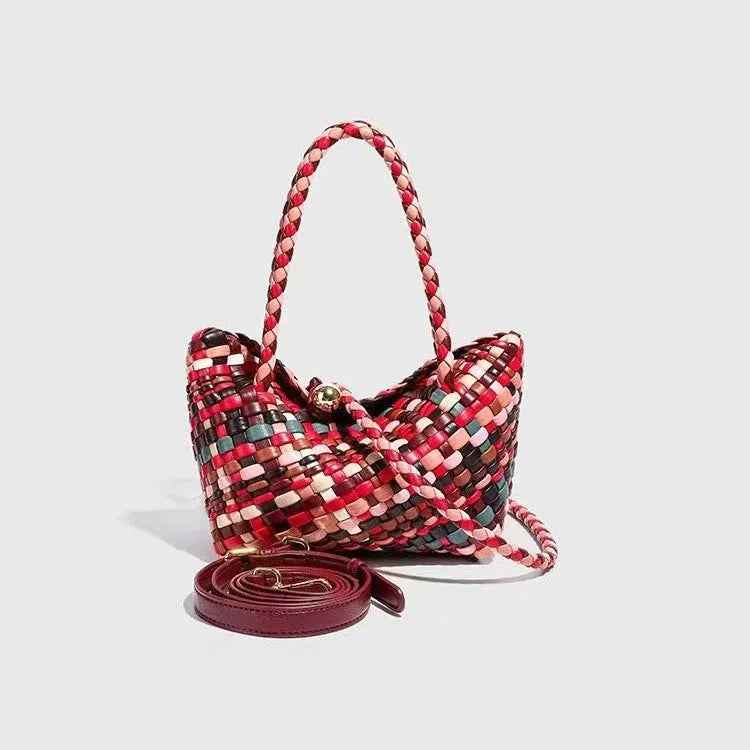Colourful woven pattern on a women's casual PU leather shoulder bag showing its 18cm length.