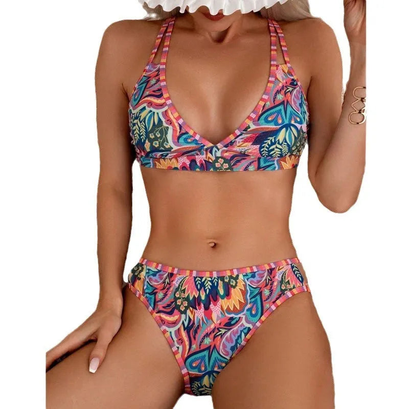 Women's printed halter swimsuit split bikini set in mixed colours with polyester fabric