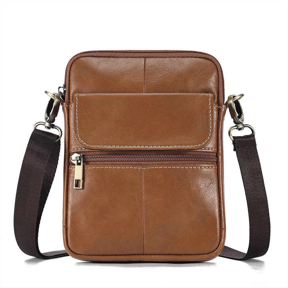 Men's brown genuine leather crossbody shoulder bag with a solid colour design.