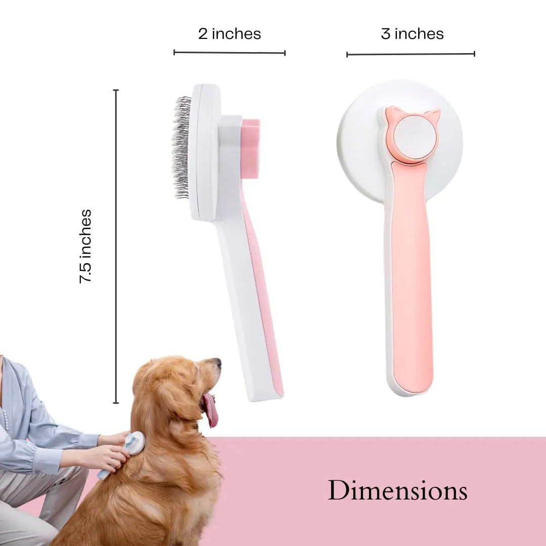 Self-cleaning slicker brush for dogs and cats with stainless steel pins and ergonomic handle