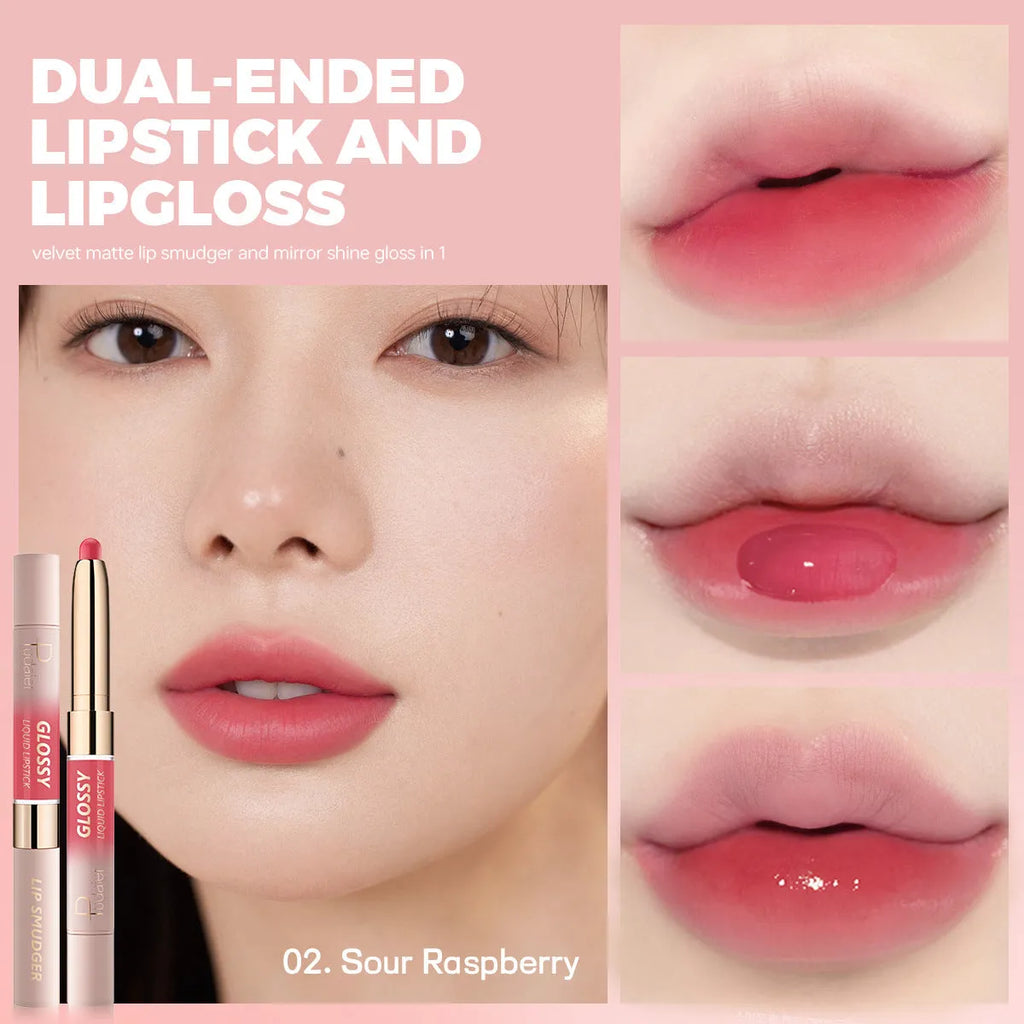 Double-headed lipstick showing matte end and gloss end with 10 colour options numbered 01-10