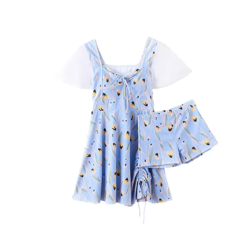 Women's one-piece swimsuit with floral pattern in sea salt blue colour for swimming