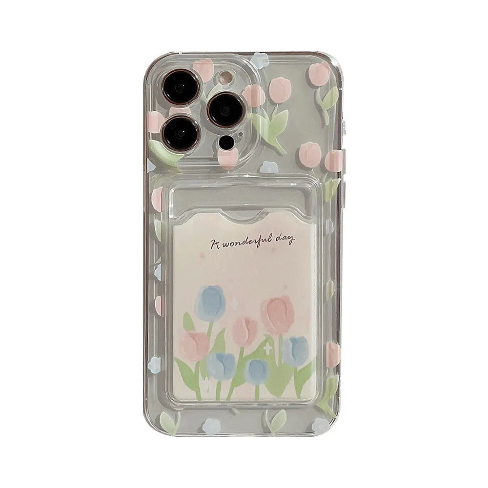 Transparent tulip flower card holder phone case for Apple iPhone, TPU soft shell with painted design.
