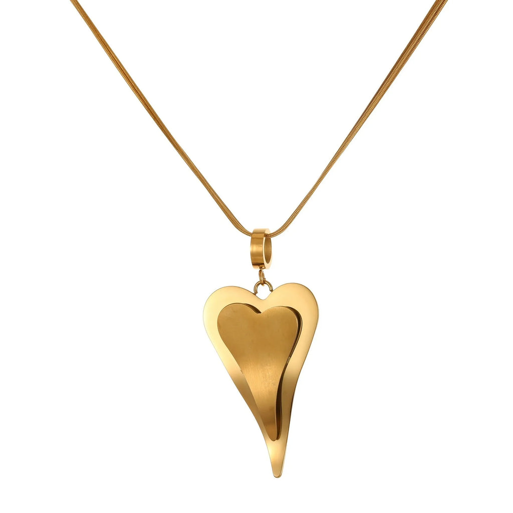 Geometric double heart pendant on a stainless steel snake bones chain necklace in gold or steel finish.