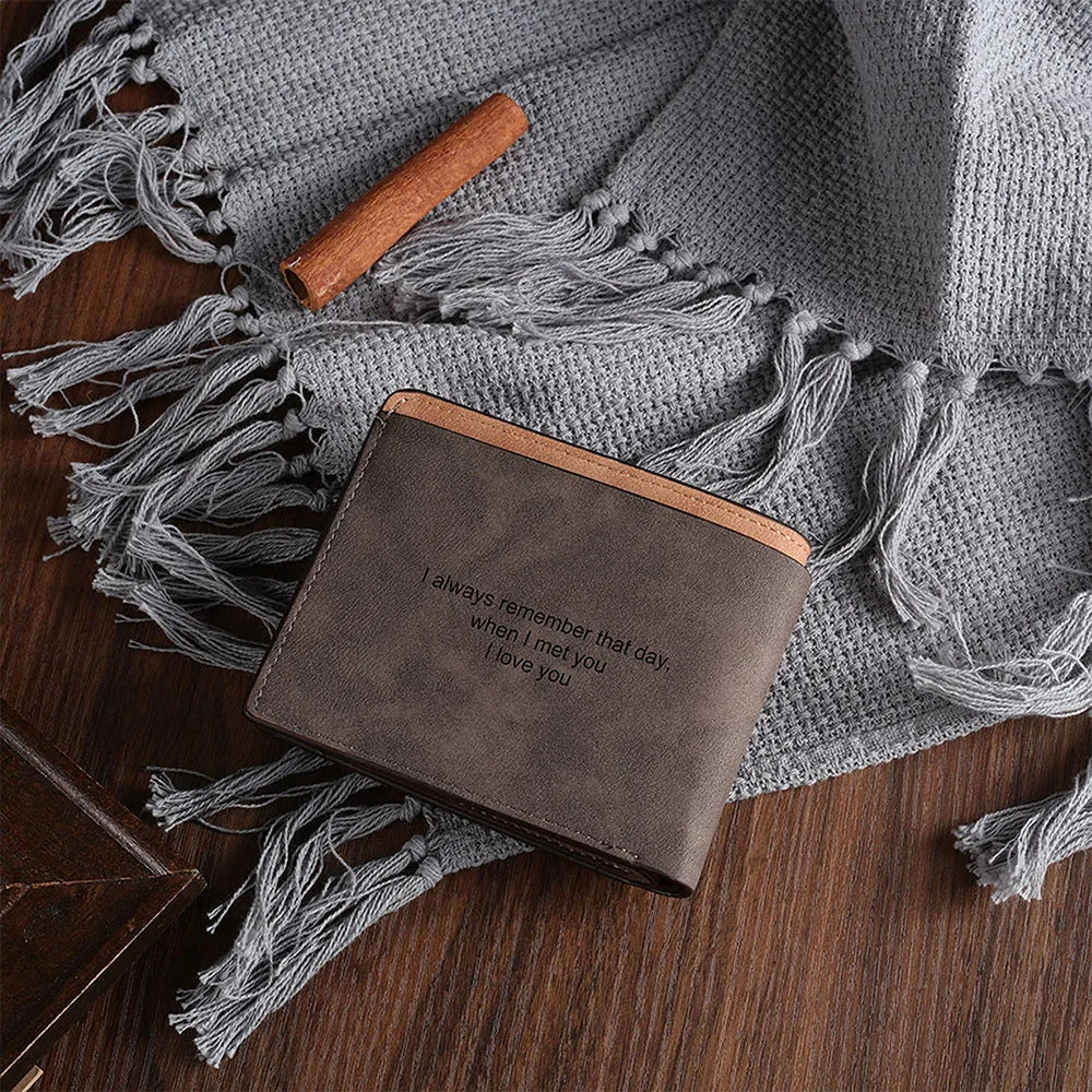 Coffee-coloured engraved horizontal short wallet with personalised text, showing 120mm width and 25mm depth