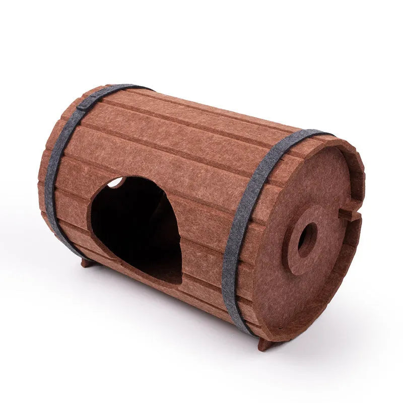 Assembled wine barrel shaped pet bed made from polyester fibre felt pieces for cats