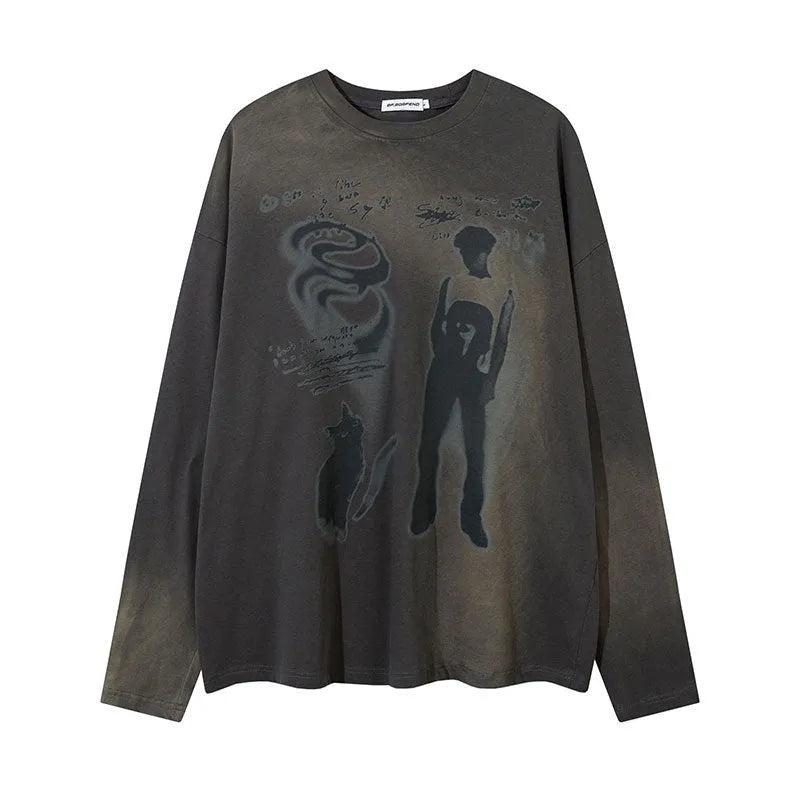 Women's loose pullover top with drop-shoulder sleeves in dark grey, featuring a letter pattern and long sleeves