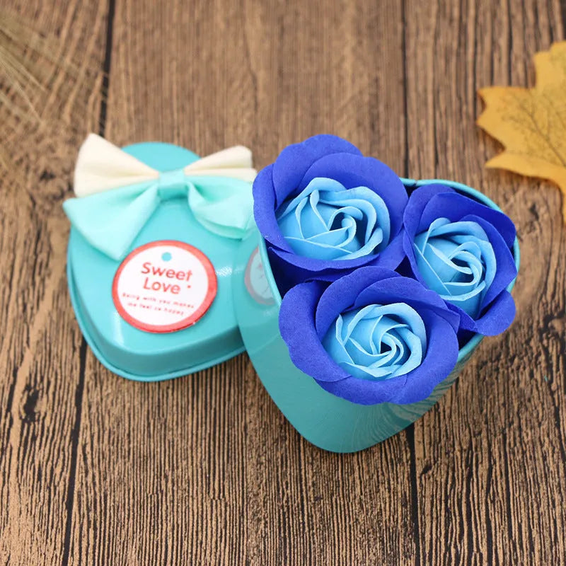 Handmade soap flower gift box in heart shaped tinplate box with red pink blue purple options