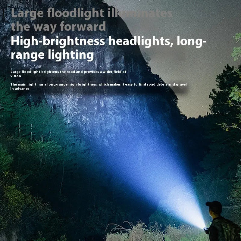 Aluminium alloy bicycle headlight showing front lens with six XPT beads and a USB Type-C charging port on the side.