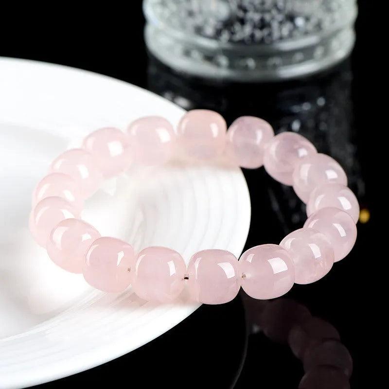 Natural Bamboo Crystal Barrel Bead Bracelet with 11-12mm pink geometric beads and grinding treatment finish