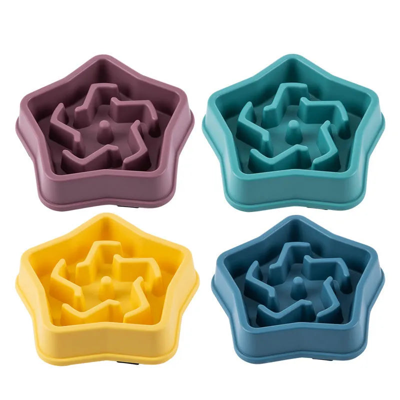 Yellow plastic slow feed dog bowl with textured bottom to prevent choking