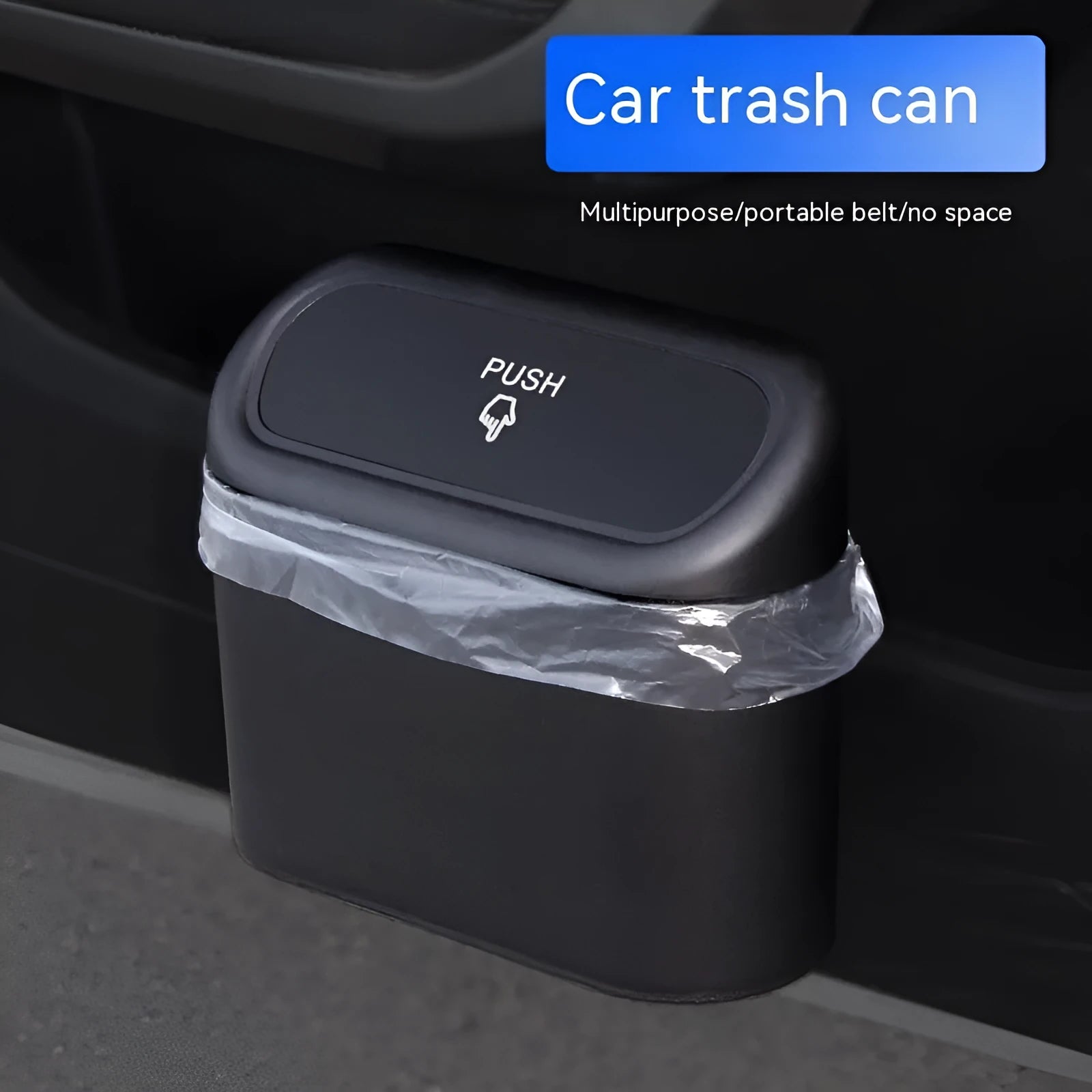 Black folding plastic trash can mounted on a car seat