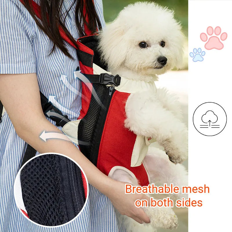 Blue and yellow adjustable pet sling carrier bag with mesh panels, worn on chest with a small dog inside.