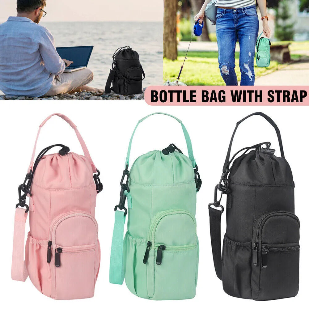 Cloth water bottle pouch with crossbody strap in black green pink colours