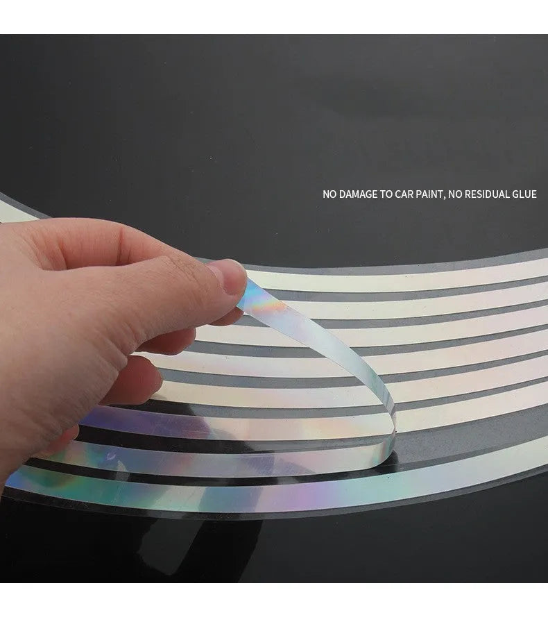 Pack of 16 laser-cut, waterproof reflective stickers for car and motorcycle wheel hubs.