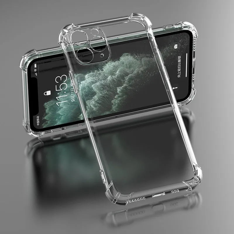 Clear shockproof TPU case for iPhone showing transparent design fitting multiple Apple models
