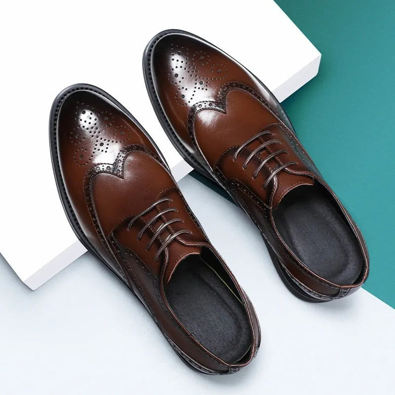 Men's black and brown brogue leather shoes with PU upper, sizes 38-47