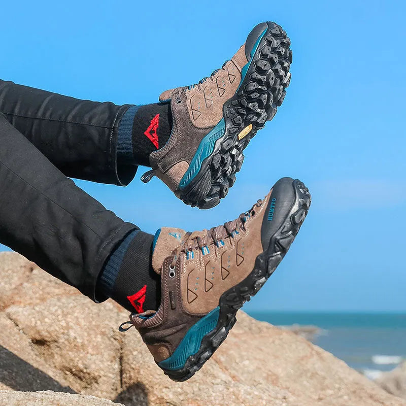 Men's low top waterproof hiking shoes with black rubber sole and EVA outsole, brown colour, spring autumn walking