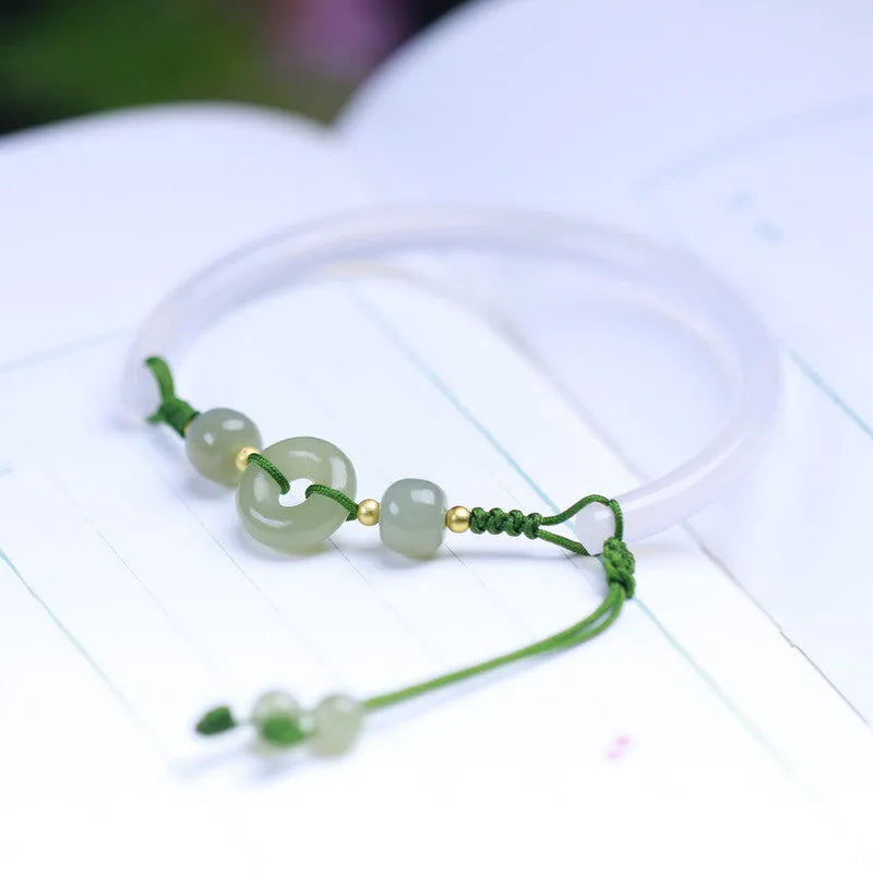Hand-woven white agate half bracelet with 6mm beads and peace buckle closure