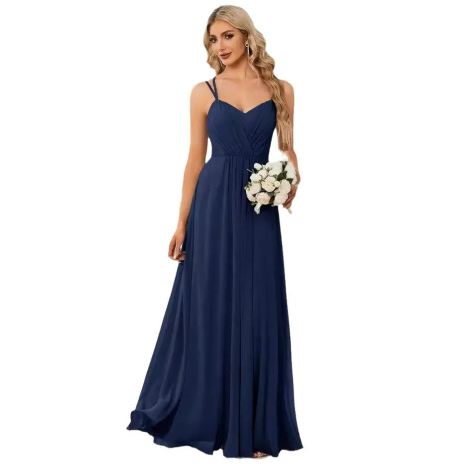 Sling Banquet long pleated dress in light green, A-line skirt, sleeveless design, casual style