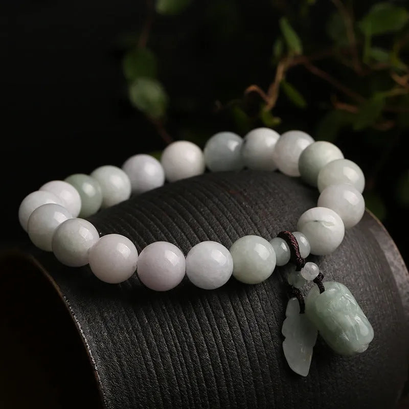 Natural jade bracelet with hanging Maitreya Buddha and geometric symbols, adjustable 18-22cm length