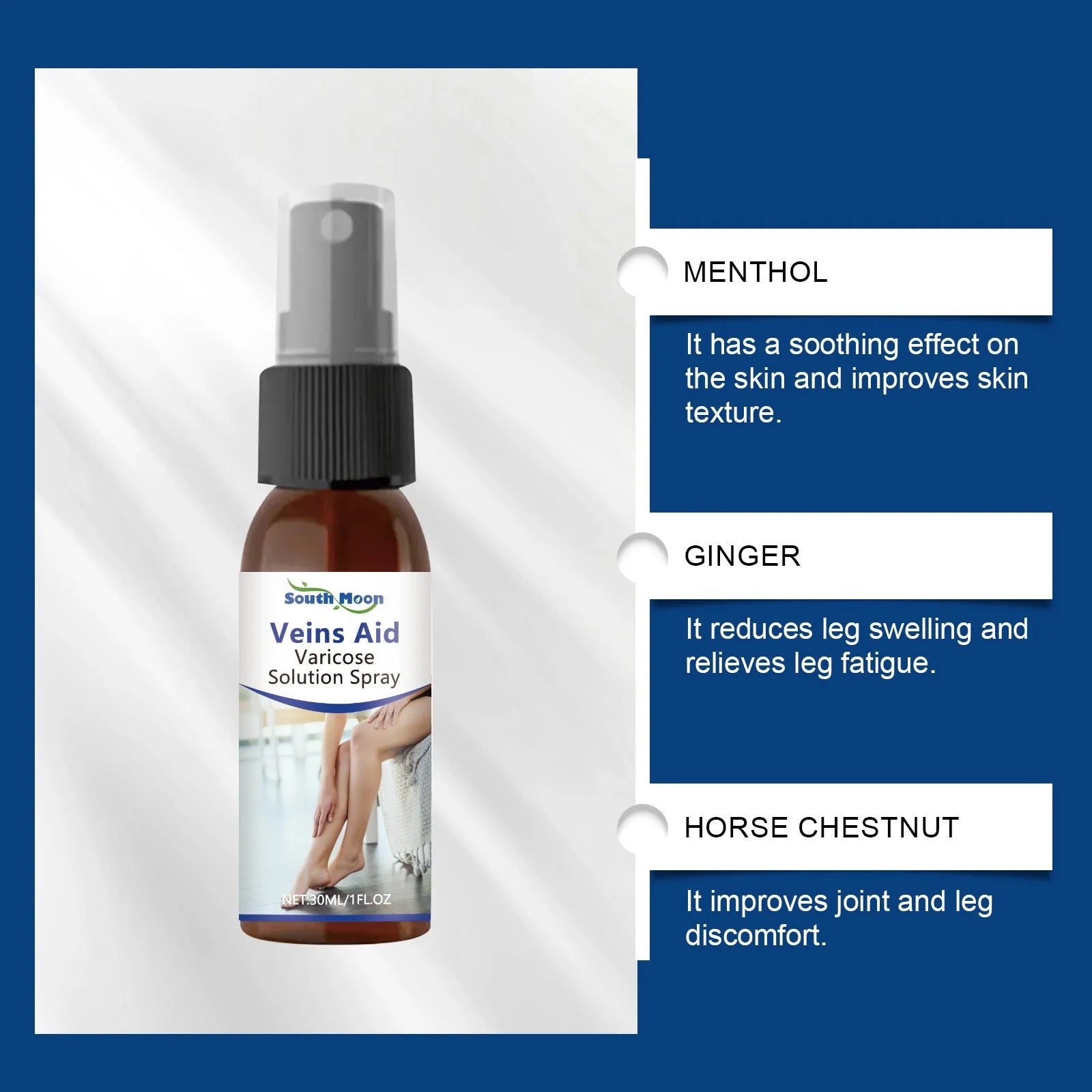 30ml bottle of leg care spray with menthol and ginger extract for massage