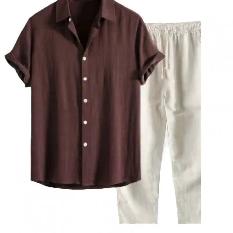 Men's loose fit linen blend shirt and trousers set in various colours, showing short sleeves and casual style