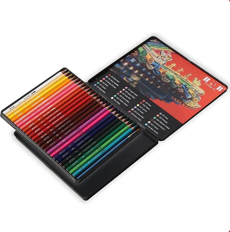 Metal tin box open to show 24 water-soluble coloured pencils in wooden casings.
