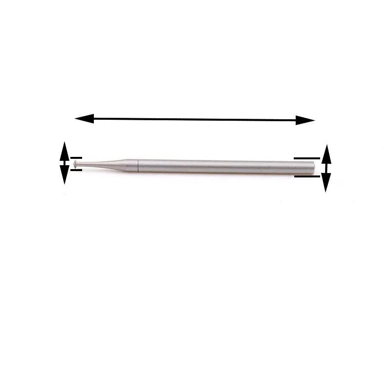 Six tungsten steel carving cutters with thin disc needle heads in sizes from 1.0mm to 2.0mm, each with a 2.35mm mandrel.