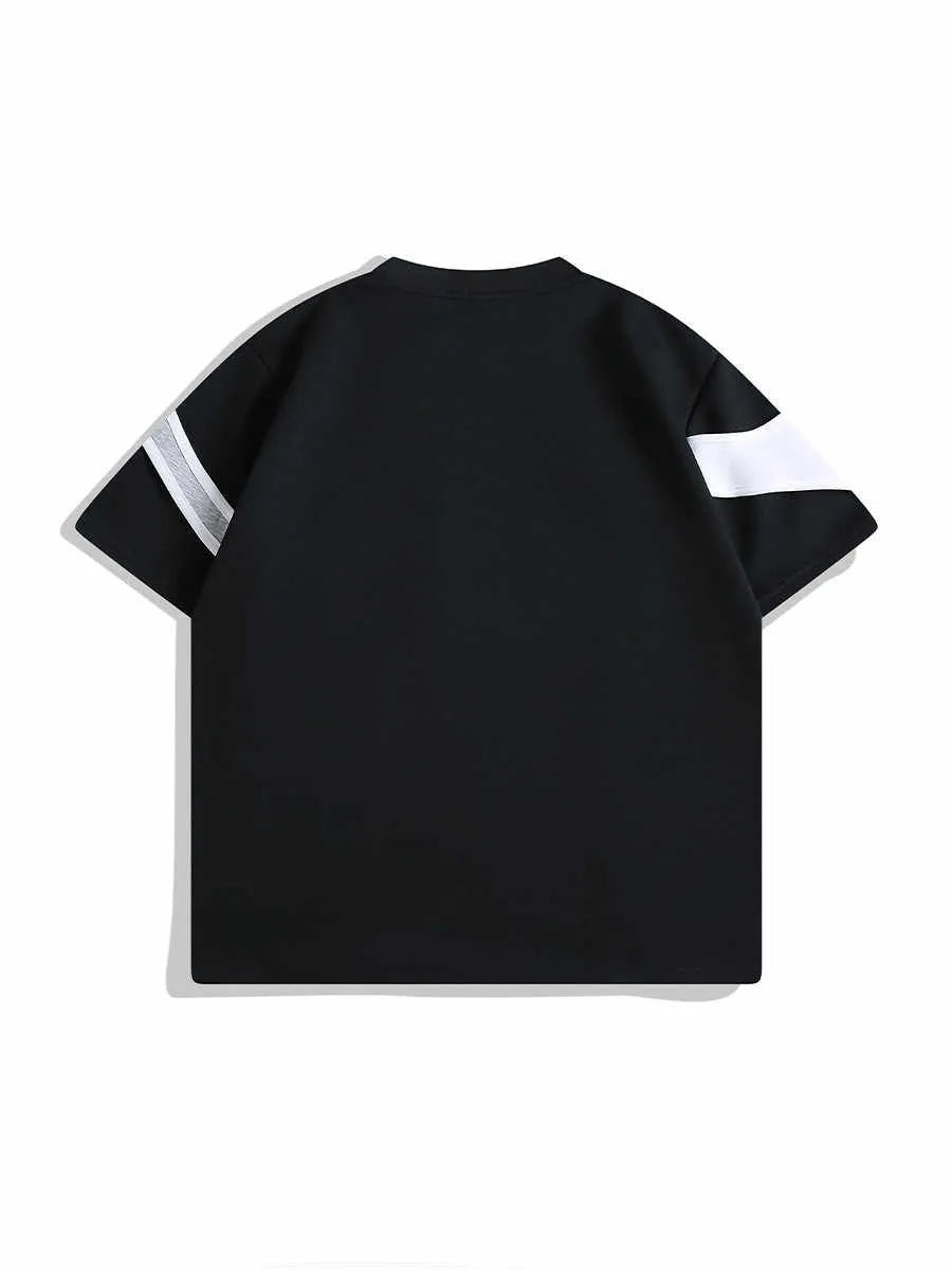 Men's black loose-fit T-shirt with double stitching and padded shoulders on hanger