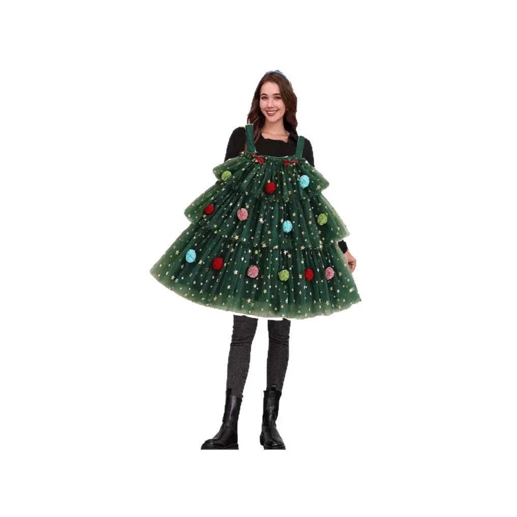 Green mesh polka dot dress with Christmas tree pattern, sleeveless suspender skirt with multi-layer tiered construction