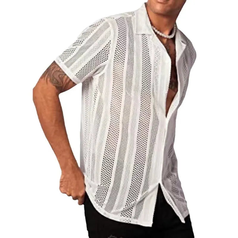 Men's black knitted short-sleeved shirt with button front and jacquard texture