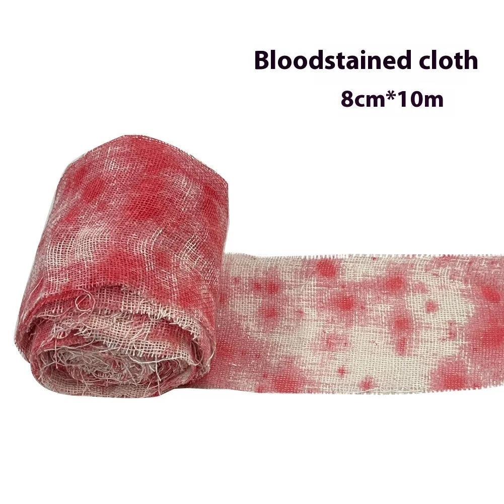 Halloween bloody horror dyed gauze bandage showing 8cm width and polyester texture