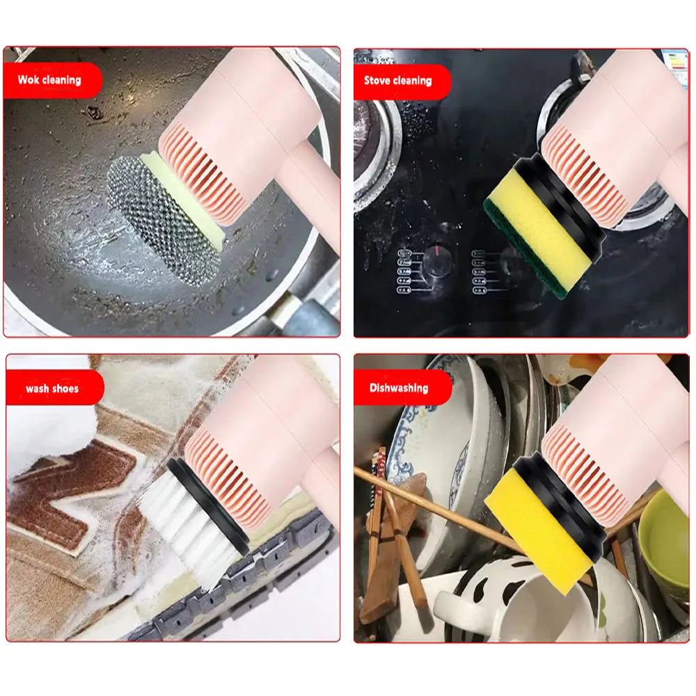 Rechargeable electric cleaning brush with double brush head in white, green or pink colours