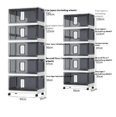 Foldable white storage locker with wheels showing 4 shelves containing shoes and toys