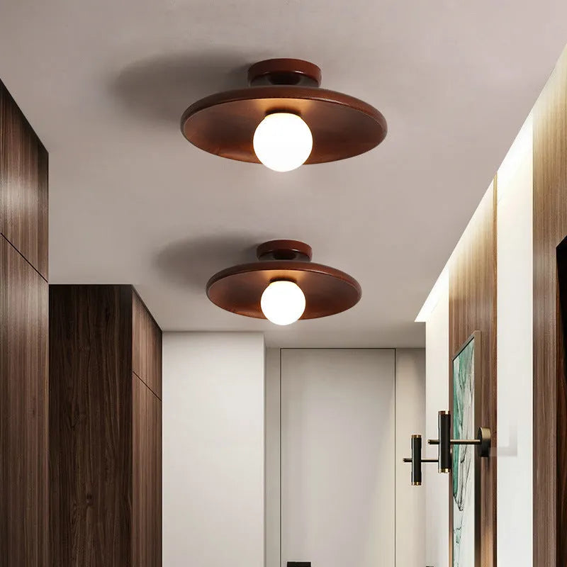 Aisle Ceiling Lamp in solid wood with glass shade, available in wood or walnut colour, diameters 18cm, 28cm, 35cm.