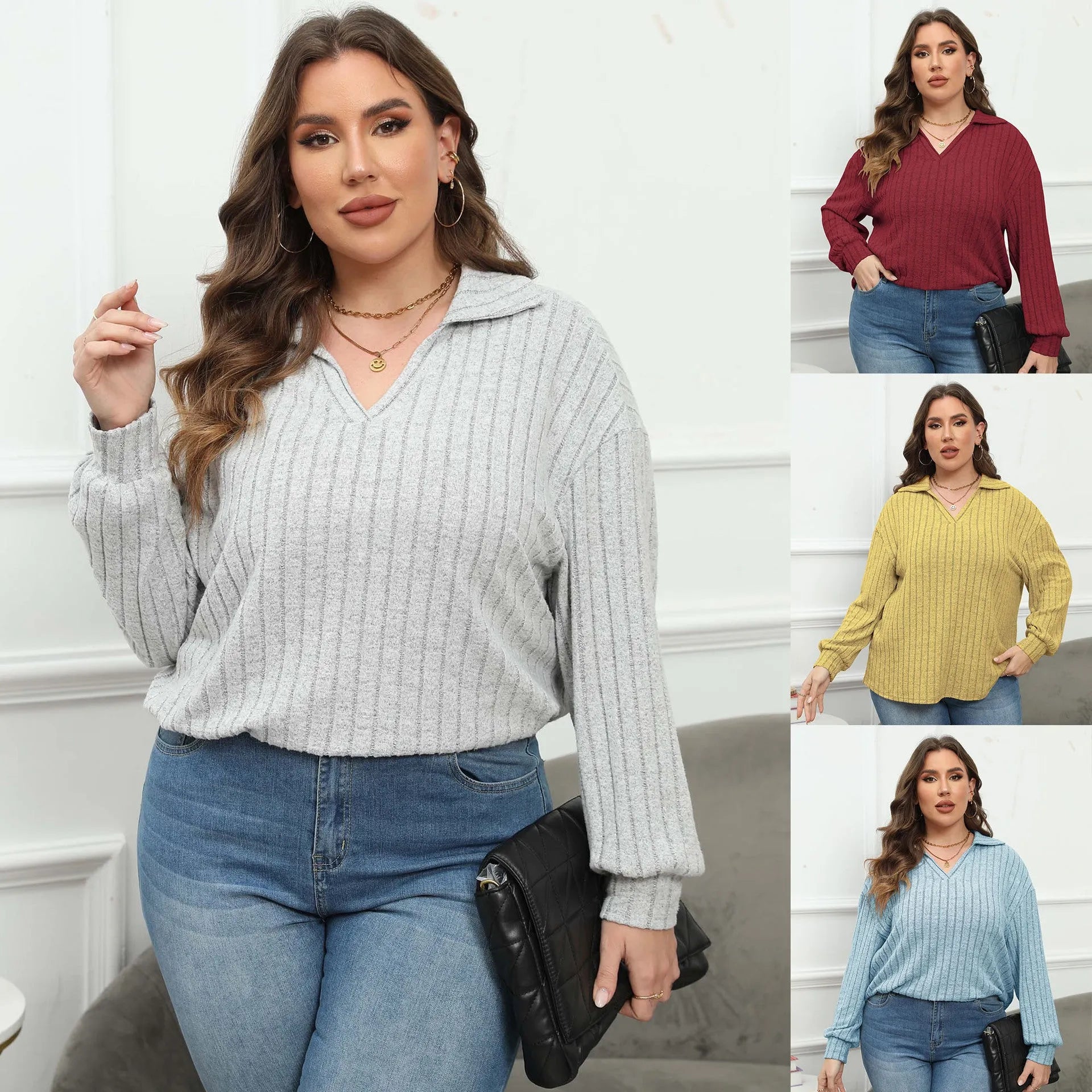 Women's plus size gray polo collar shirt with lantern sleeves and collage stitching details on polar fleece fabric