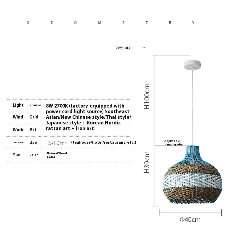 Woven vine pendant lamp with natural texture, available in 30cm 40cm 50cm diameters, featuring 8W 2700K LED light source