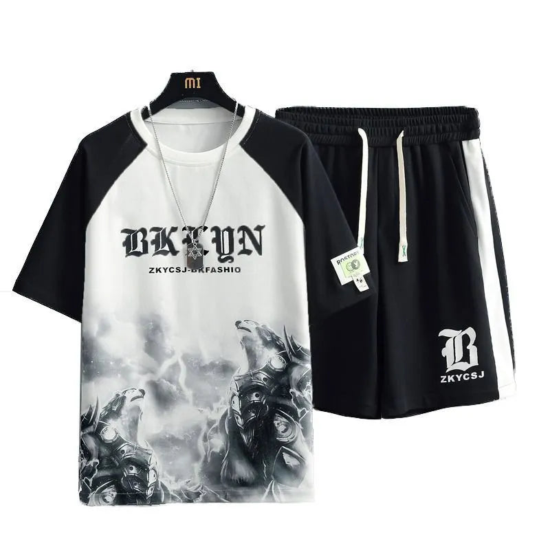 Men's casual sports set with short sleeve T-shirt and shorts in polyester, available in black or green