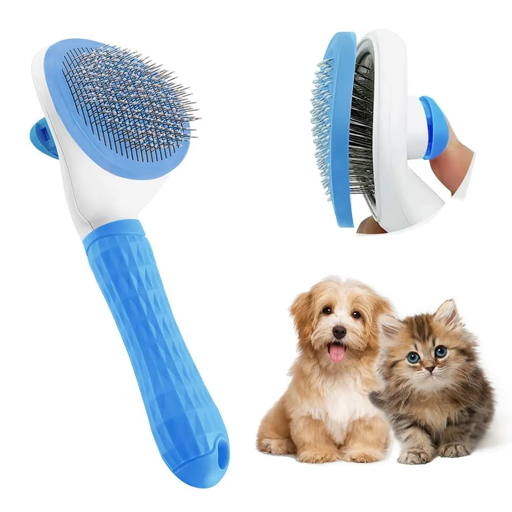 Blue cat grooming brush with release button and fine wire bristles for removing loose fur