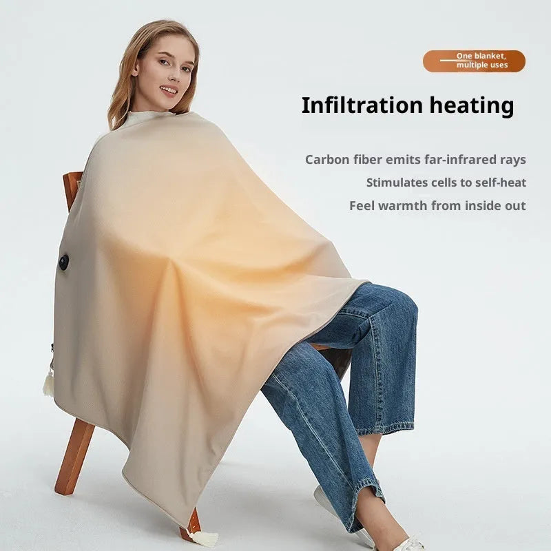 Shawl warm blanket in polyester, solid colour, with 4000mAh or 5000mAh power bank, available in green, red, or beige.