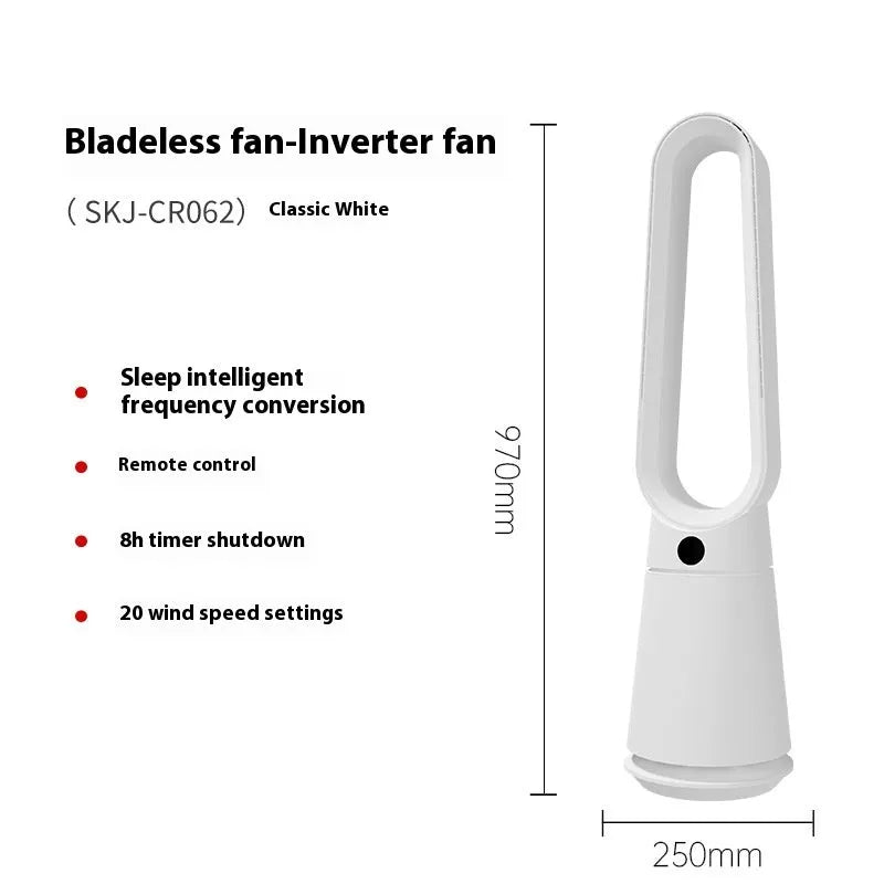 SK Bladeless Fan in white with remote control and touch screen, placed on a desk or floor
