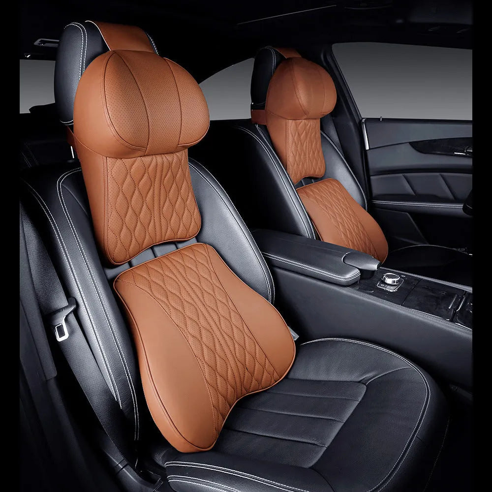 Car neck pillow and lumbar support set with wavy embroidery pattern in polyester fabric