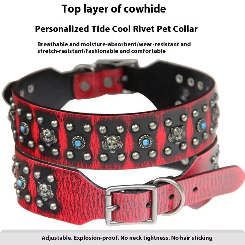 Leather dog collar with decorative rivets for large breed dogs in dark red colour