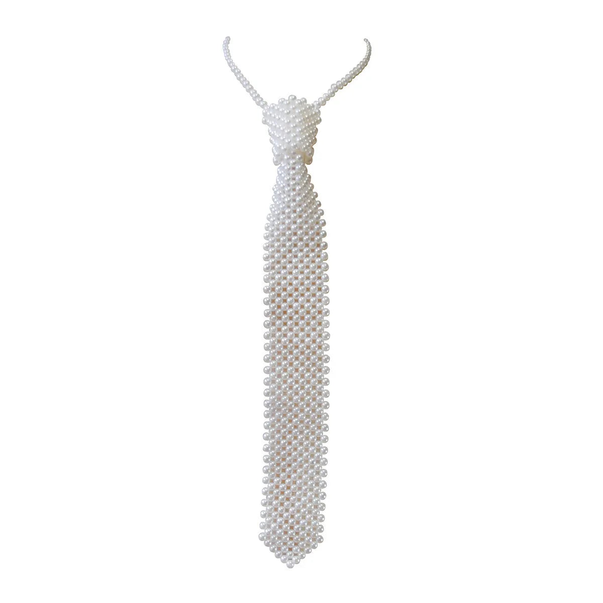 Close-up of a white imitation pearl body chain with an adjustable alloy tie clasp on a dark background.