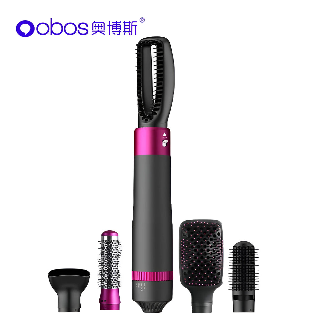 Grey 5-in-1 hot air comb curler hair dryer with 3 speed adjustment and US standard plug