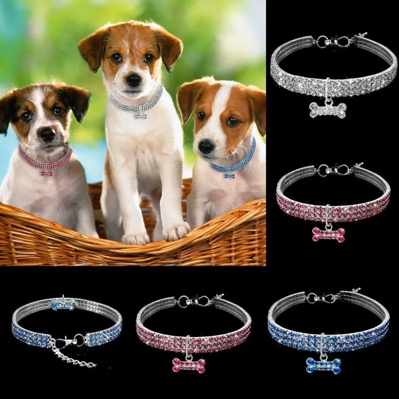 Rhinestone dog collar with crystal pendant in blue, white or pink for small dogs and cats