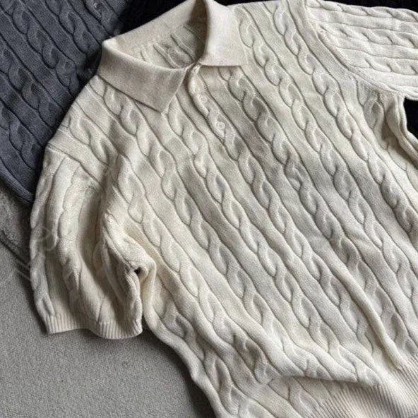 Men's grey twisted combed cotton knitted t-shirt on a hanger, short sleeve casual design