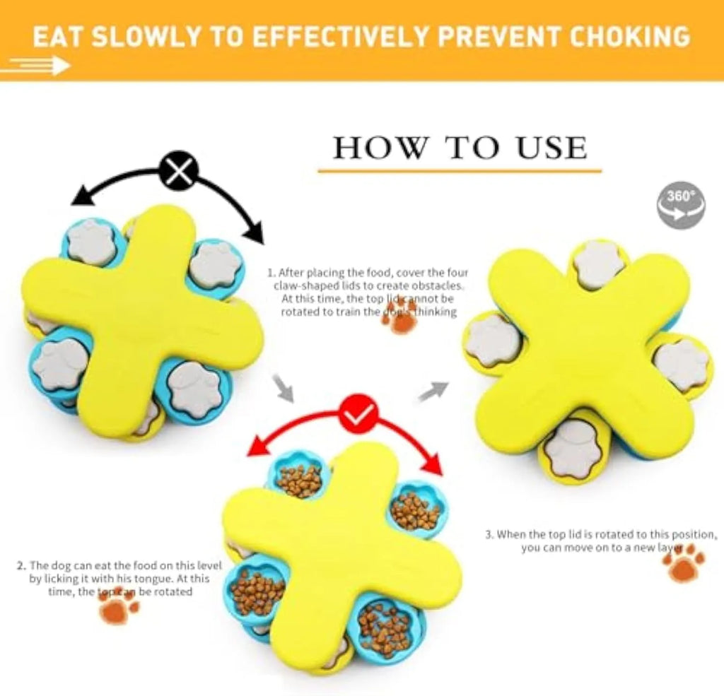 Yellow dog puzzle feeder with three rotating layers and claw-shaped lids for interactive feeding