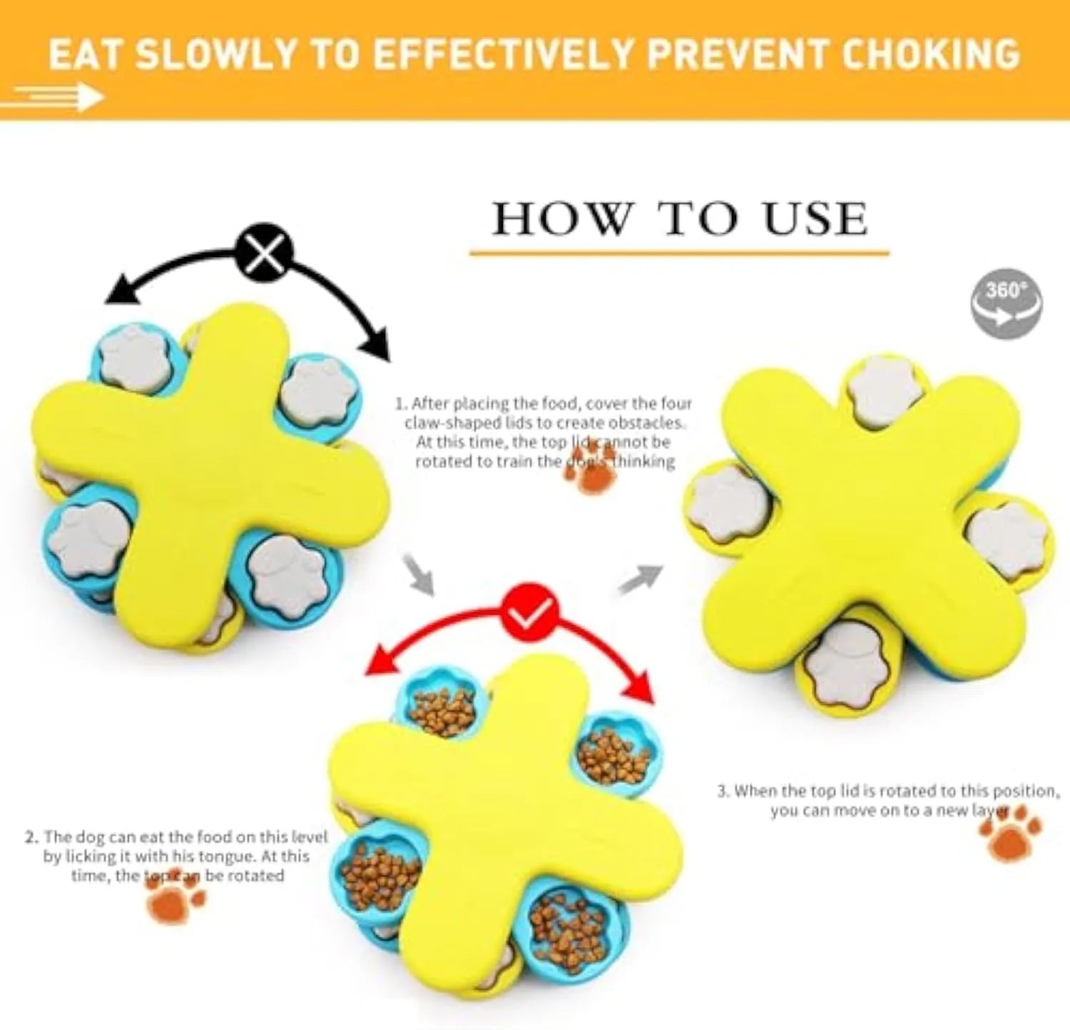 Yellow dog puzzle feeder with three rotating layers and claw-shaped lids for interactive feeding